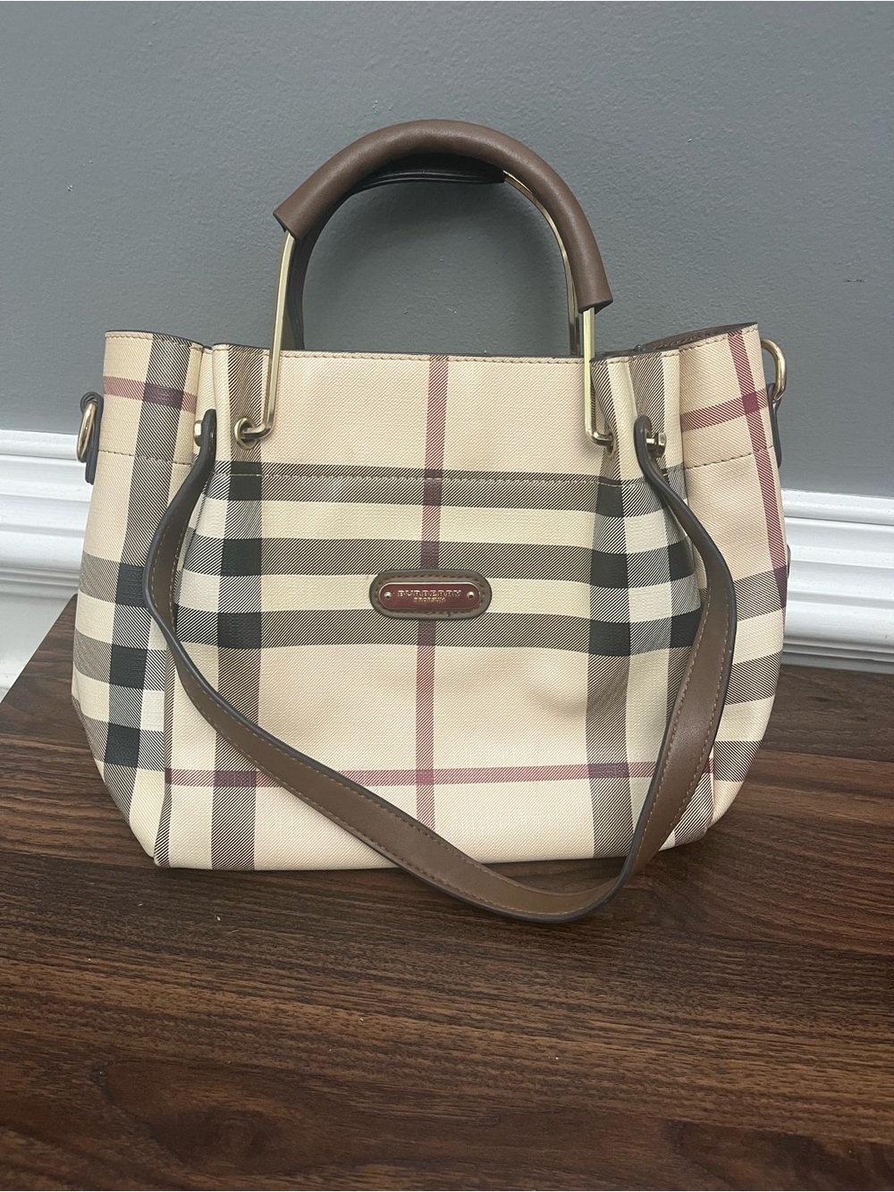 Burberry Beige Check Satchel with Brown Leather Trim
